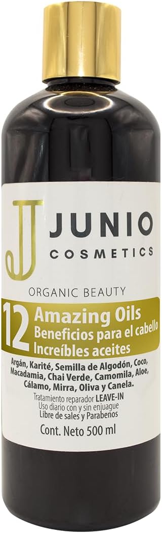 Junio cosmetics tratamiento para cabello seco - 12 aceites para nutrir - tratamiento cabello seco y maltratado - 500ml - sin sal - sin parabenos - tratamiento capilar